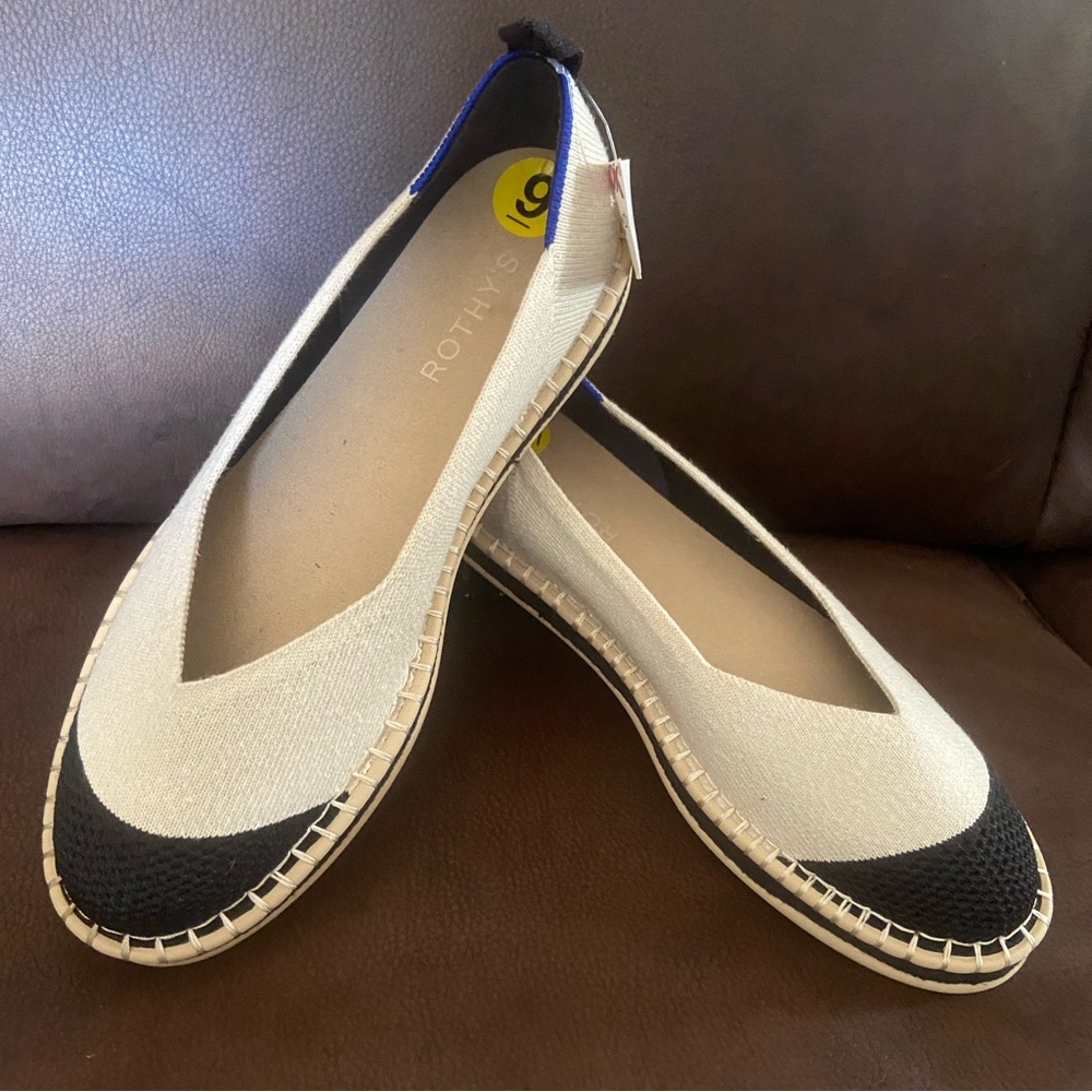 Rothy’s Boardwalk Espadrille in cream and black. Fully washable. Knit upper.